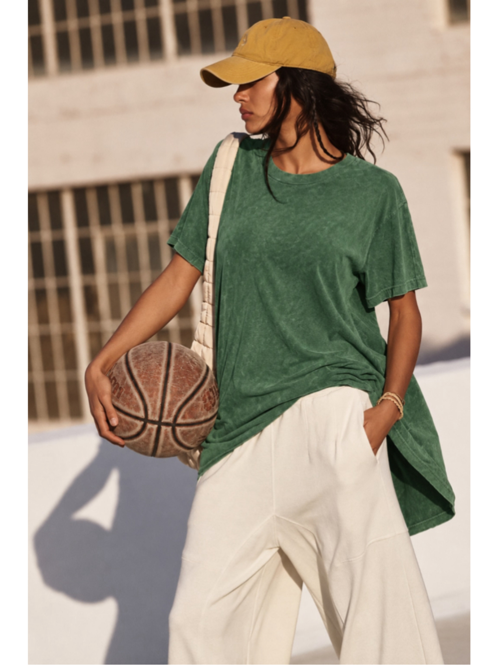 Free People FP Movement Leg Day Tee M Green Oversized High Low Cotton T-Shirt